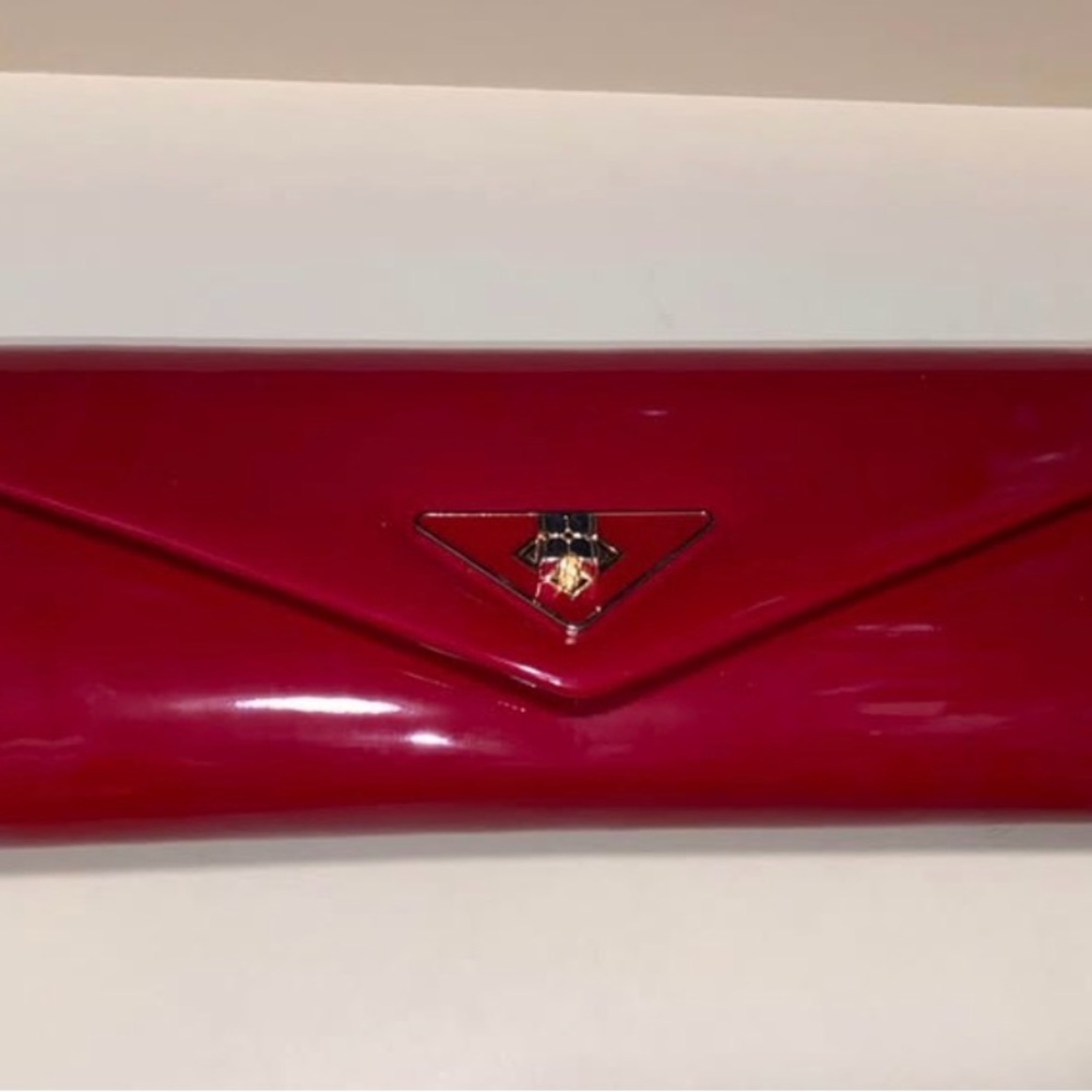 Prada Patent Envelope Clutch in Bright Red with Gold Logo